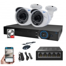  Kit IP 2 Camere Color AKU SUPER CLEAR HD 2 MP cu NVR 4 canale FULL HD 1080P 5MP, SWITCH, Supraveghere video 25m infrarosu, cu vizualizare pe telefon mobil tableta desktop AK9923